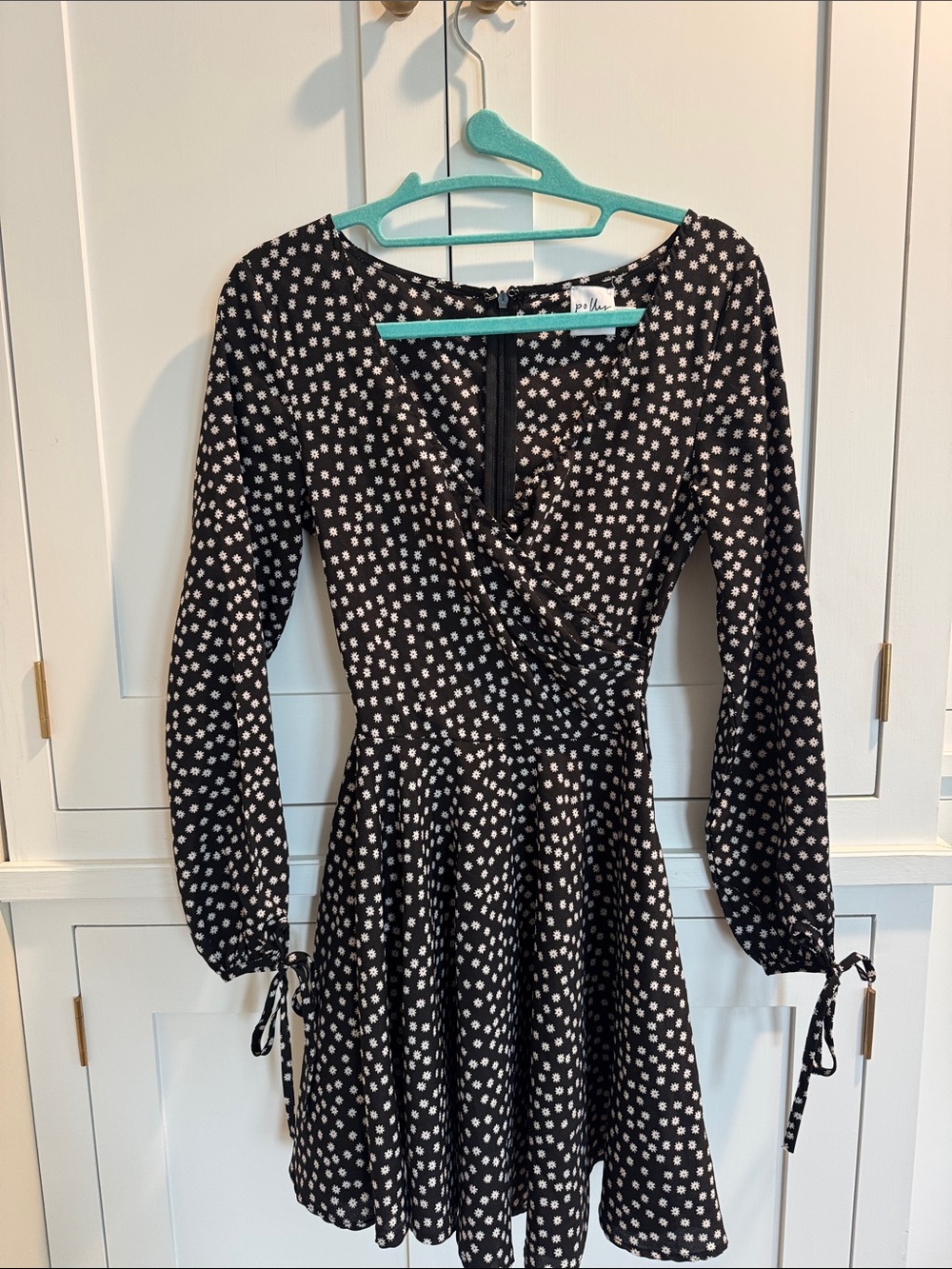 Black Long-Sleeve Wrap Dress with White Daisy Print